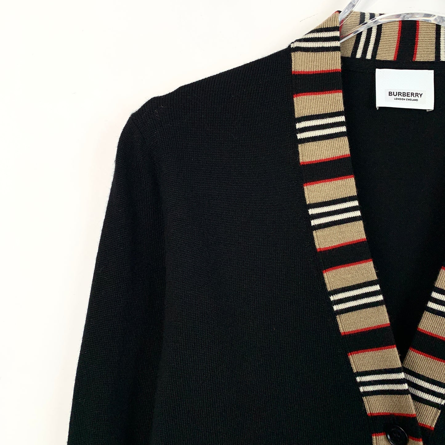 Burberry Black Striped Wool V-Neck Knit Cardigan