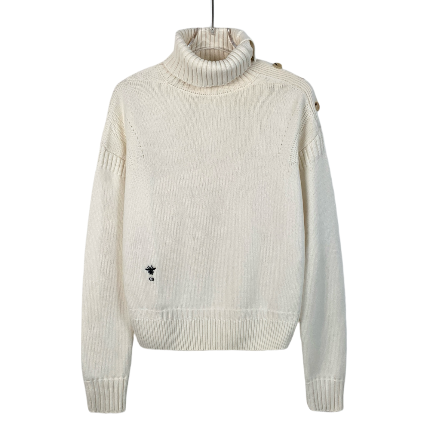 Christian Dior Off-White Cashmere Knit Sweater with Bee Embroidery and Asymmetric High Neck