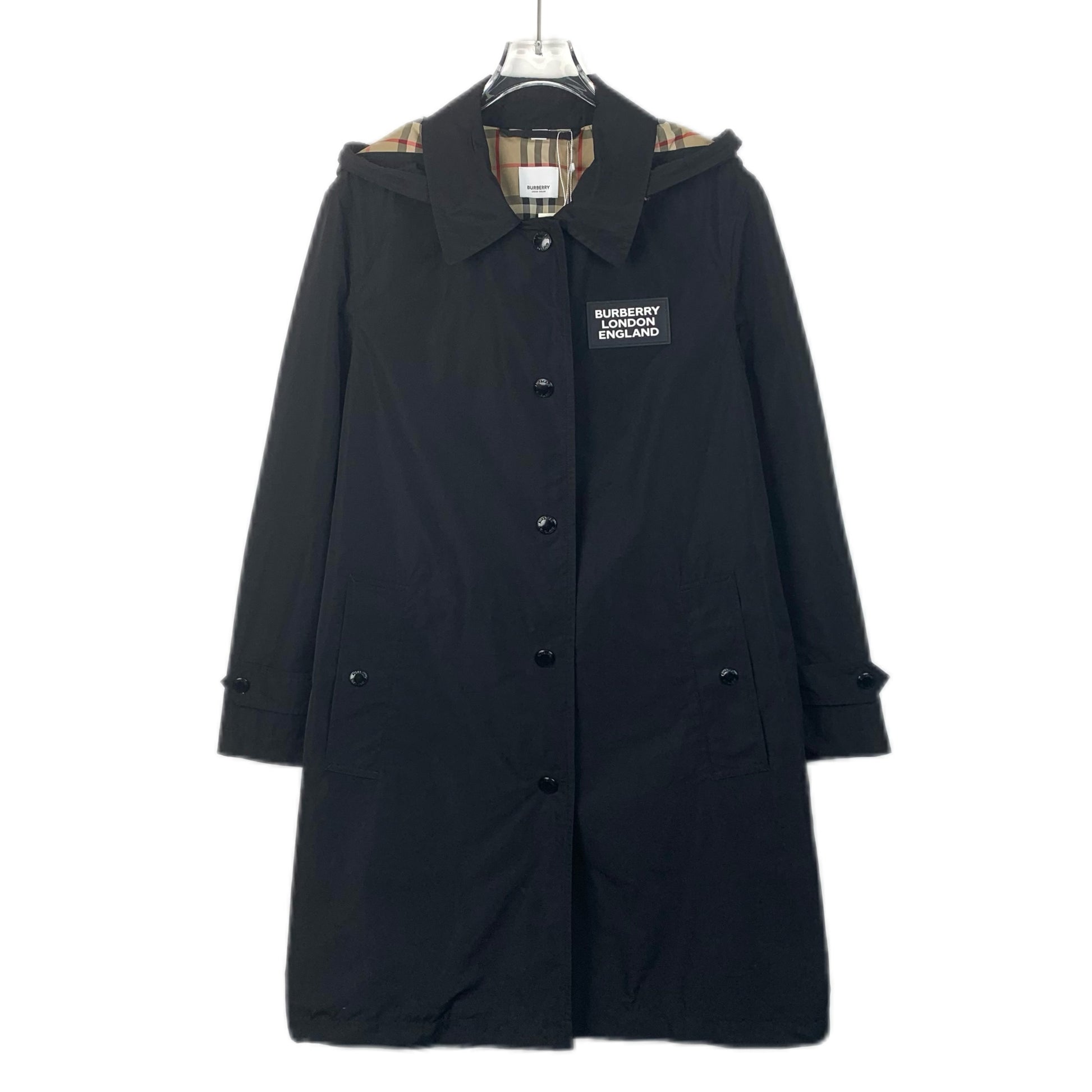 Burberry Black Logo Patch Single-Breasted Hooded Trench Coat