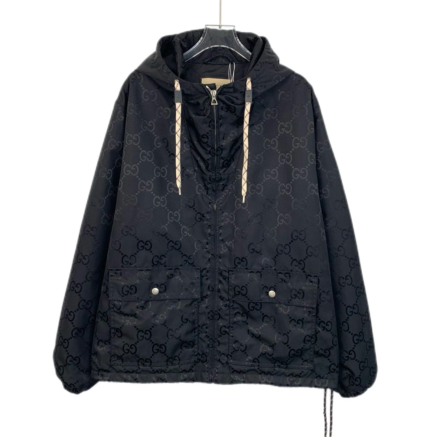 Gucci 2023 Black Monogram Print Hooded Drawstring Zip Jacket