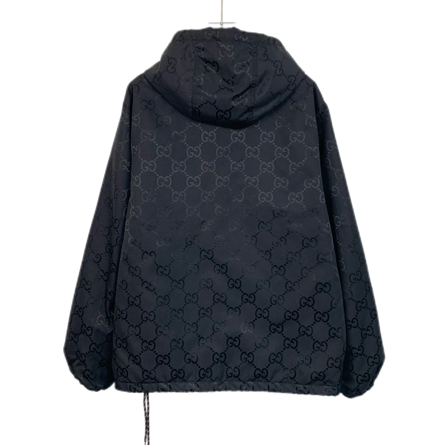 Gucci 2023 Black Monogram Print Hooded Drawstring Zip Jacket