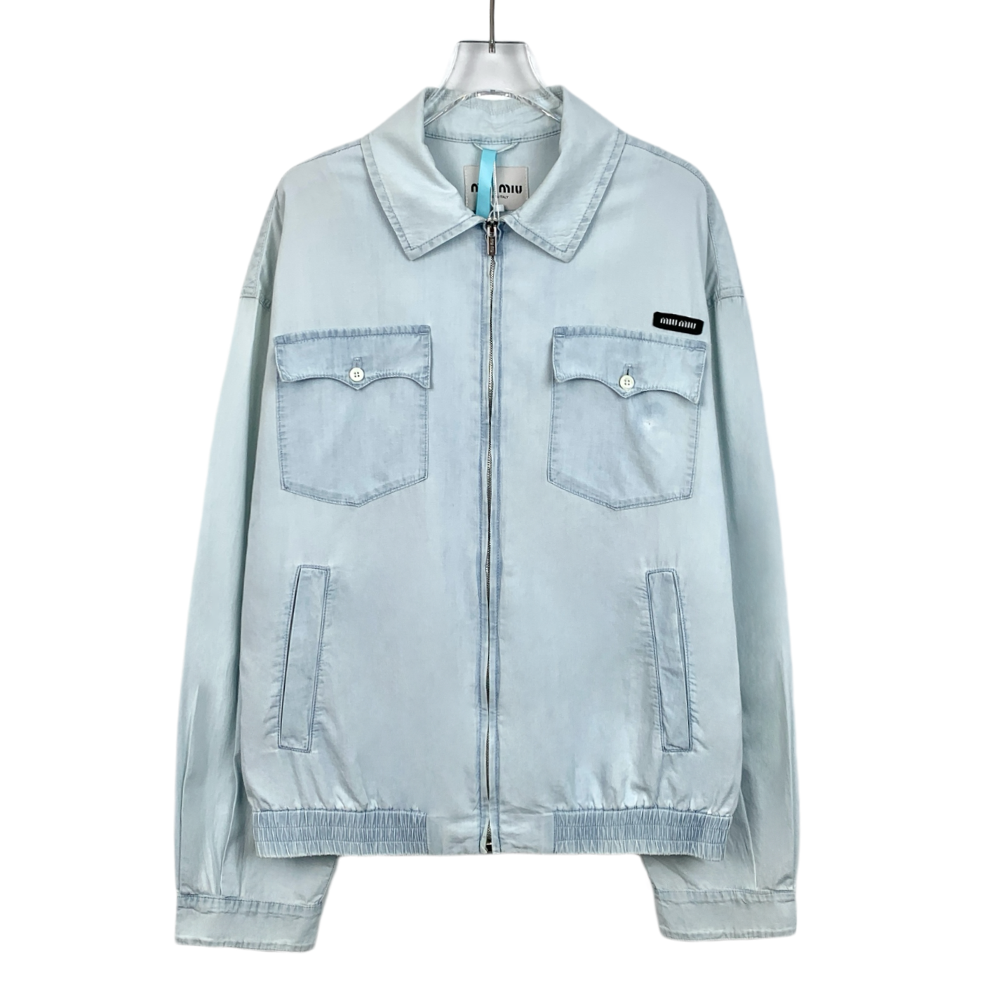 Miu Miu Light Blue Cotton Denim Jacket with Embroidered Logo