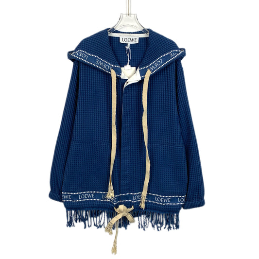 Loewe Blue Embroidered Letter Hooded Knit Jacket with Drawstring and Tassels