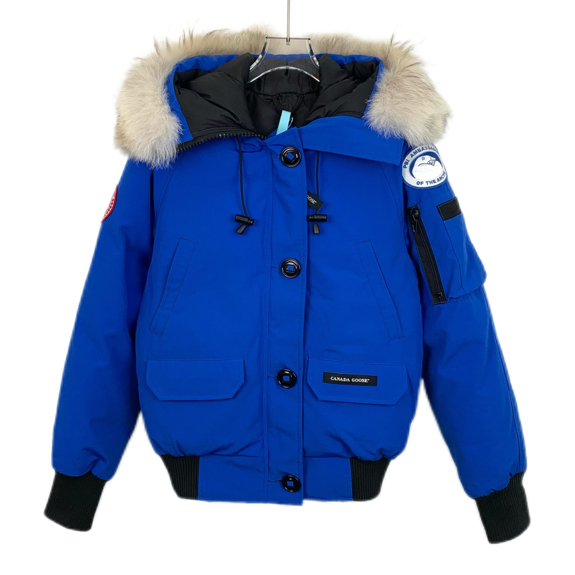 Canada Goose Chilliwack Series Blue Hooded Down Jacket with Fur Trim and Logo Patch