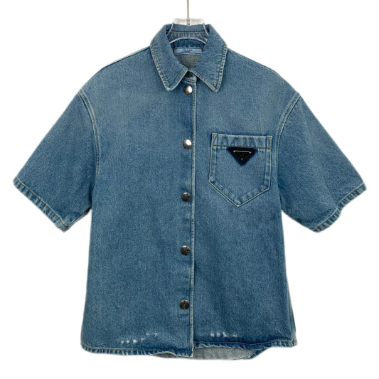 Prada 2022 Blue Cotton Short-Sleeve Shirt with Signature Triangle Logo