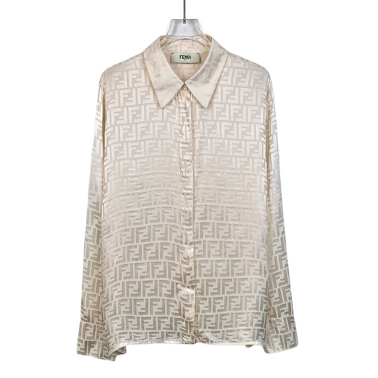 Fendi 2023 Off-White Monogram Silk Long-Sleeve Shirt with Collared Design