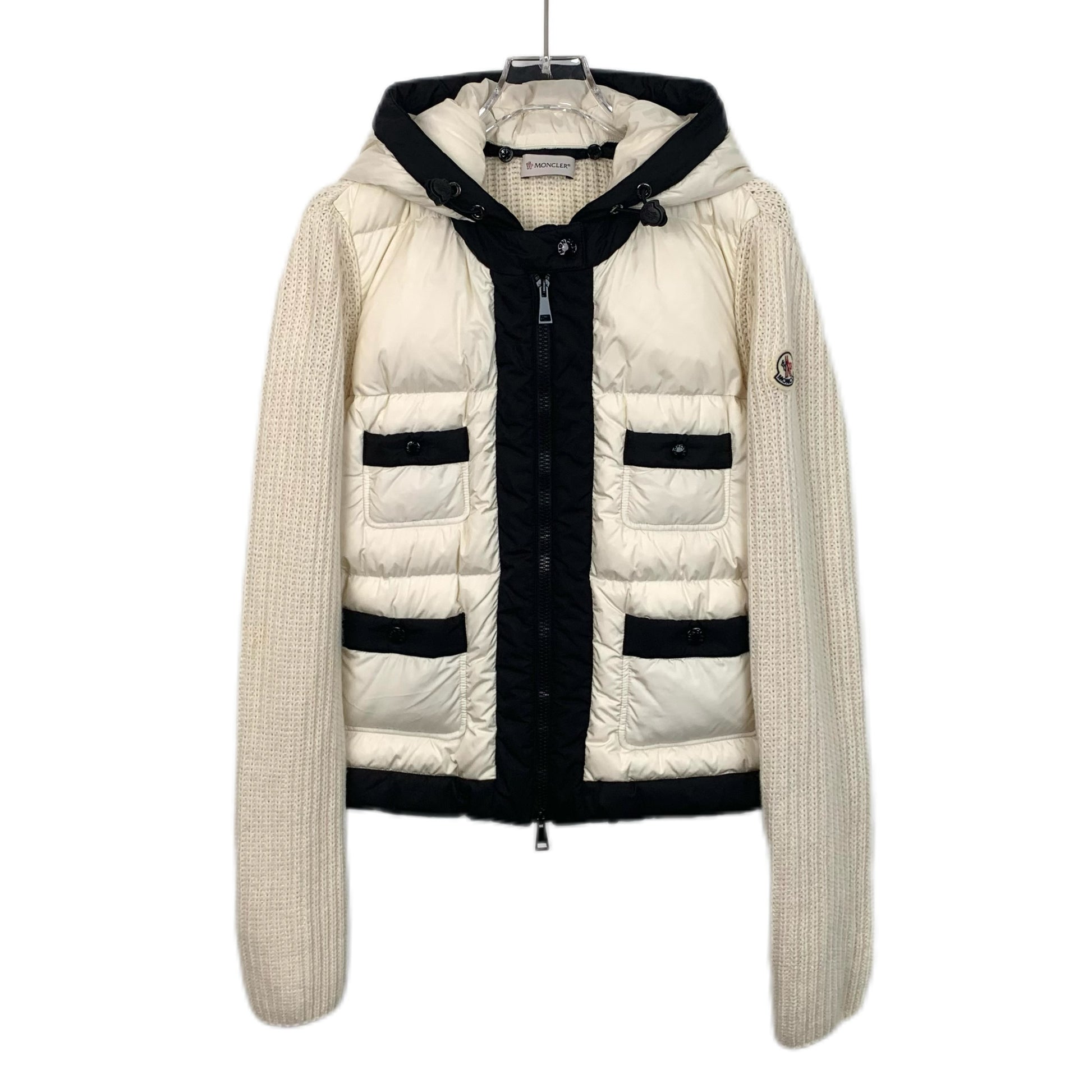 Moncler Cardigan Series Off-White Hooded Zip-Up Down Jacket with Logo Patch