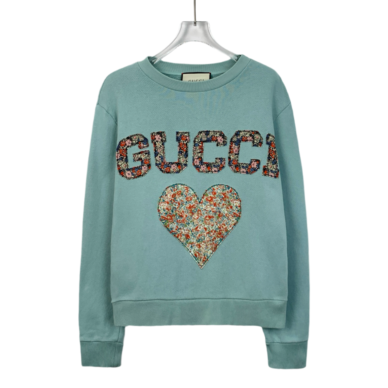 Gucci Light Green Cotton Crewneck Sweatshirt with Logo Lettering, Heart Appliqué, and Floral Details