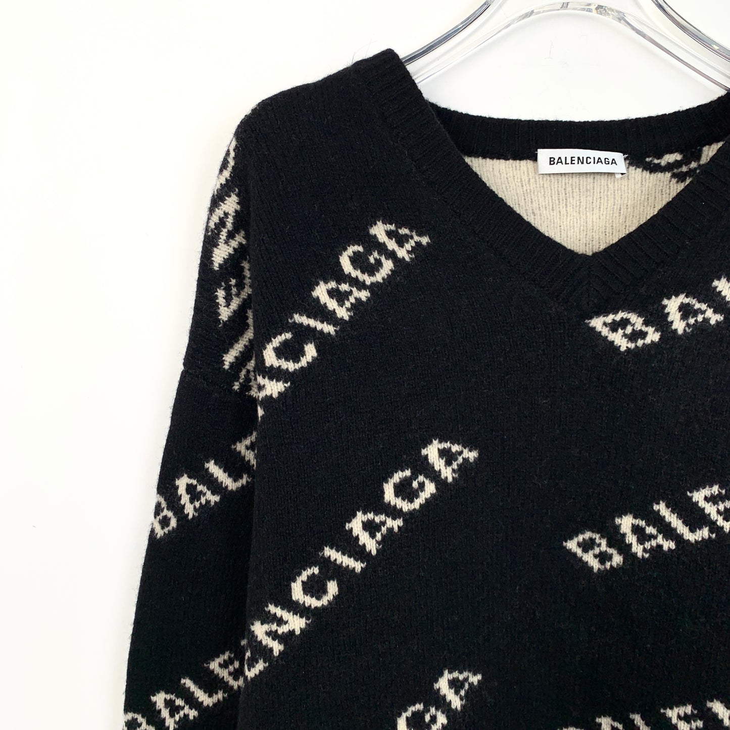 Balenciaga Black V-Neck Long-Sleeve Knit Sweater with All-Over Logo Jacquard