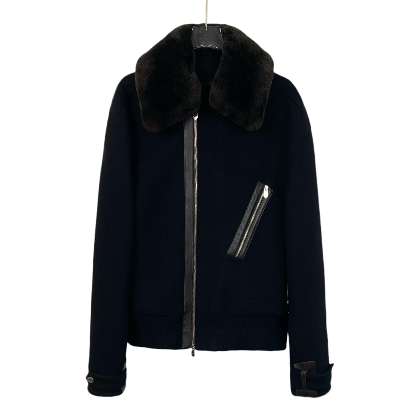 Hermès Black Wool Jacket with Fur Collar and Zipper