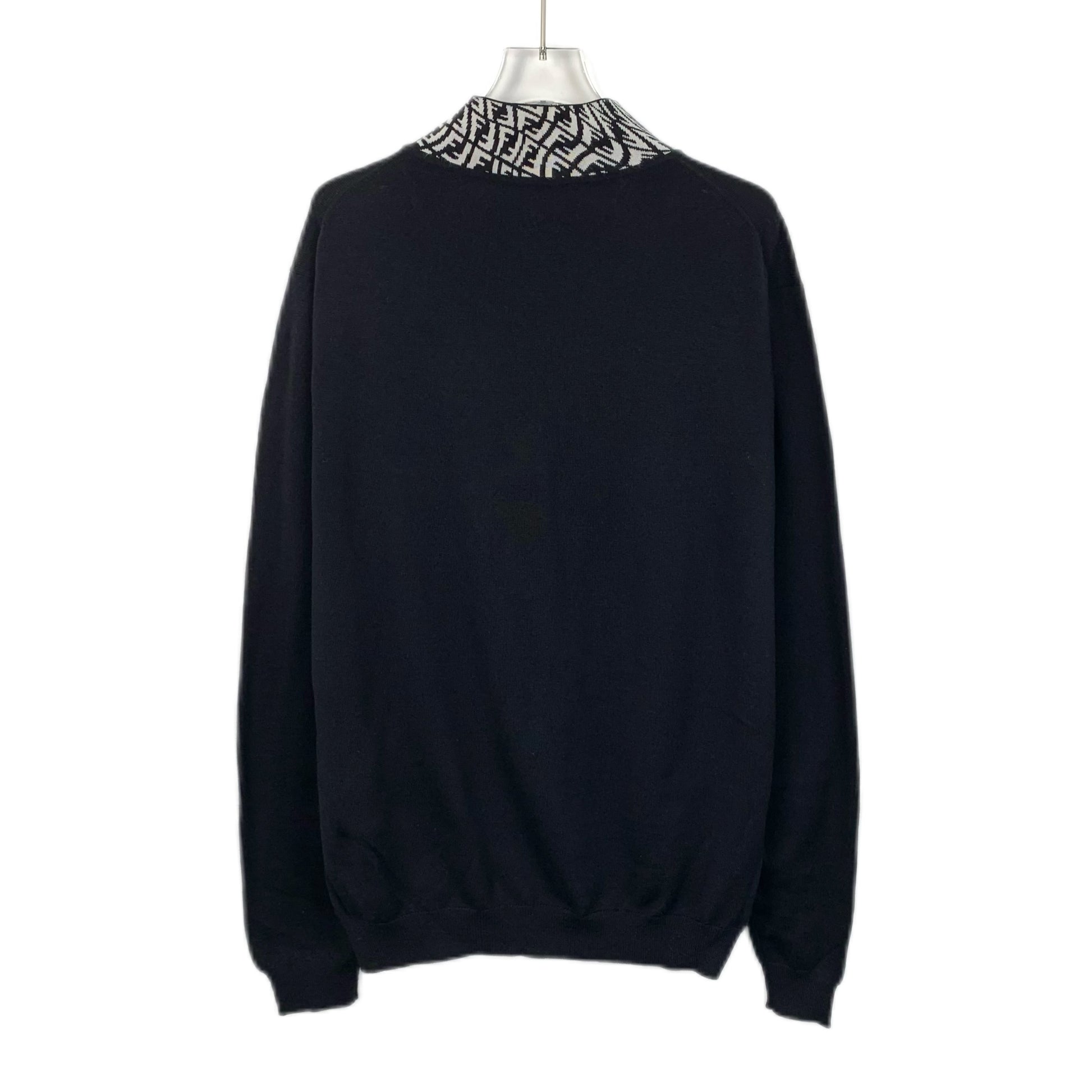 Fendi Black Wool Long-Sleeve Knit Sweater with Logo Jacquard Collar