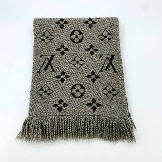 Louis Vuitton Gray-Brown Monogram Wool Knit Scarf with Tassels