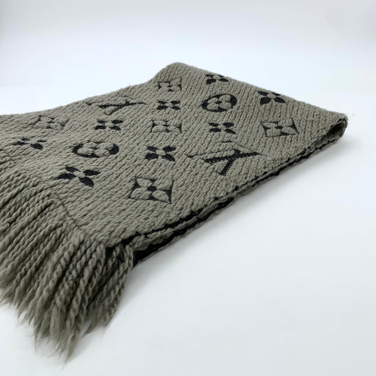 Louis Vuitton Gray-Brown Monogram Wool Knit Scarf with Tassels