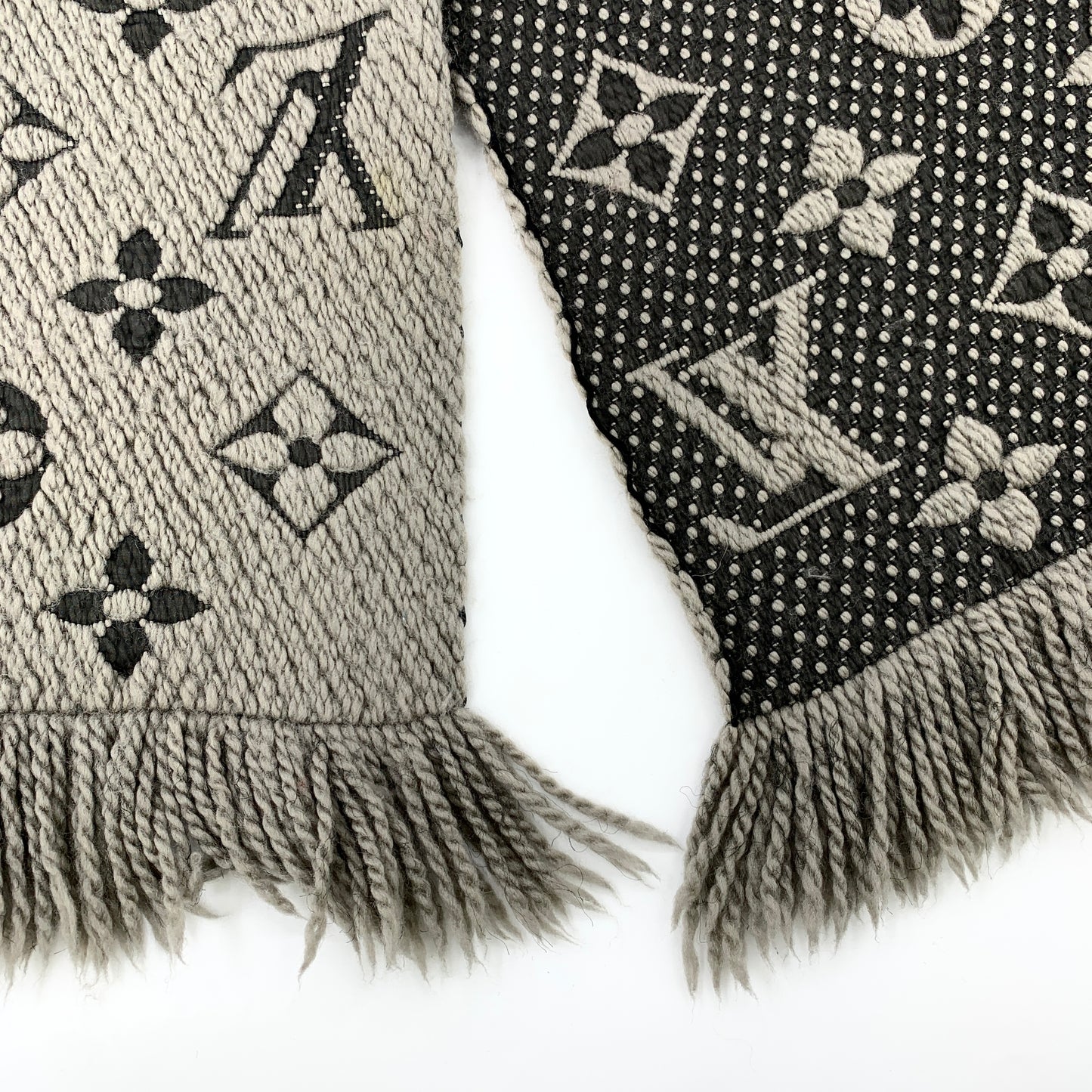 Louis Vuitton Gray-Brown Monogram Wool Knit Scarf with Tassels