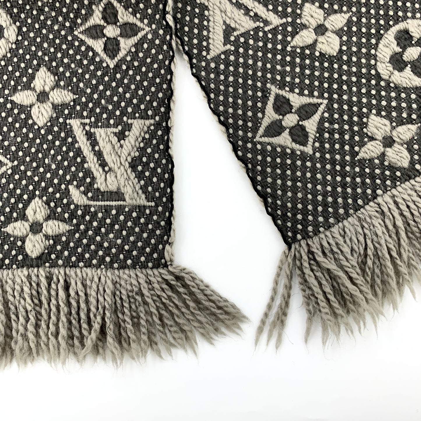 Louis Vuitton Gray-Brown Monogram Wool Knit Scarf with Tassels