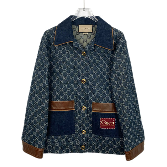 Gucci Deep Blue Jacquard Monogram Cotton Long-Sleeve Jacket with Collared Design