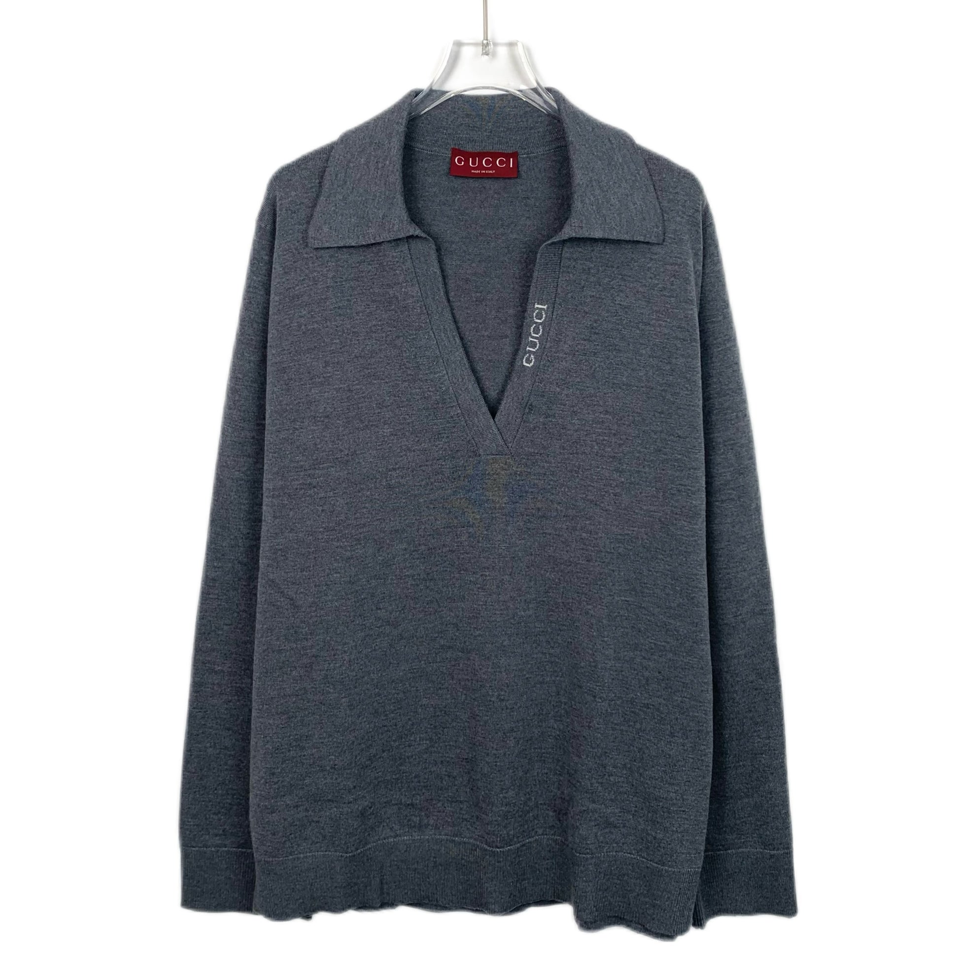 Gucci Gray Wool Long-Sleeve Sweater with Logo Lettering