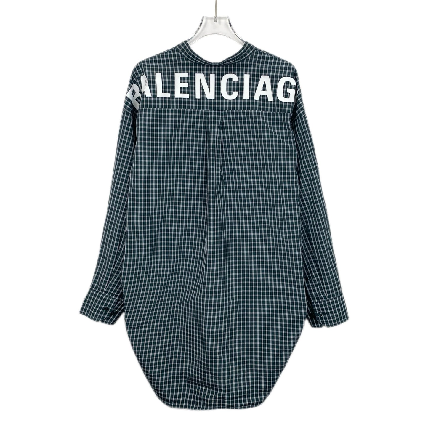 Balenciaga Blue Plaid Long-Sleeve Cotton Shirt with Letter Print and Tie Detail