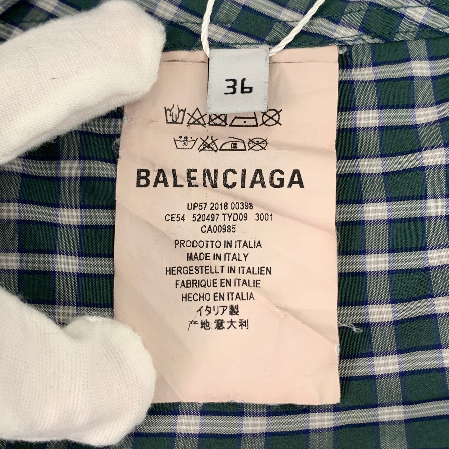 Balenciaga Blue Plaid Long-Sleeve Cotton Shirt with Letter Print and Tie Detail