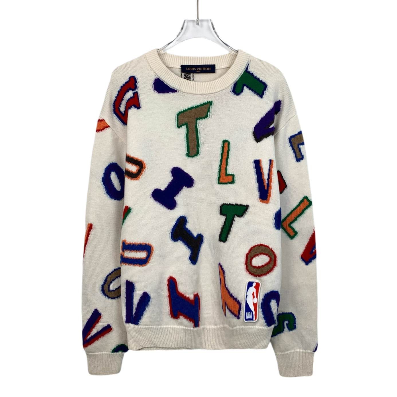 Louis Vuitton x NBA Collaboration White Wool Knit Crewneck Sweater with Logo Jacquard