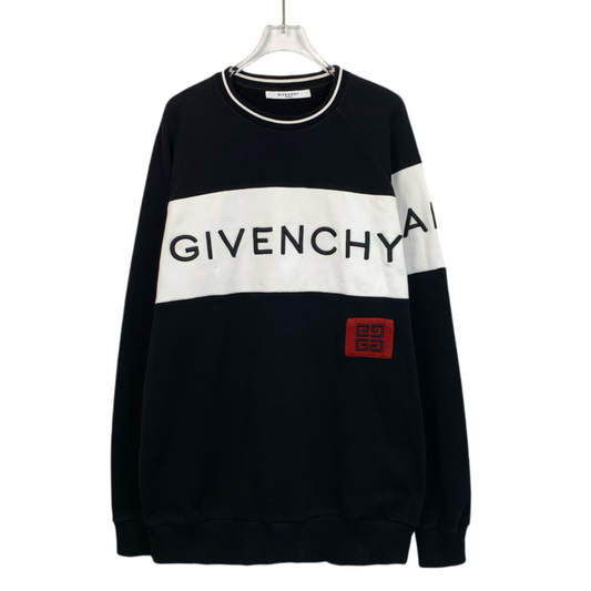 Givenchy Black Cotton Crewneck Sweatshirt with Embroidered Logo Lettering and Panel Design