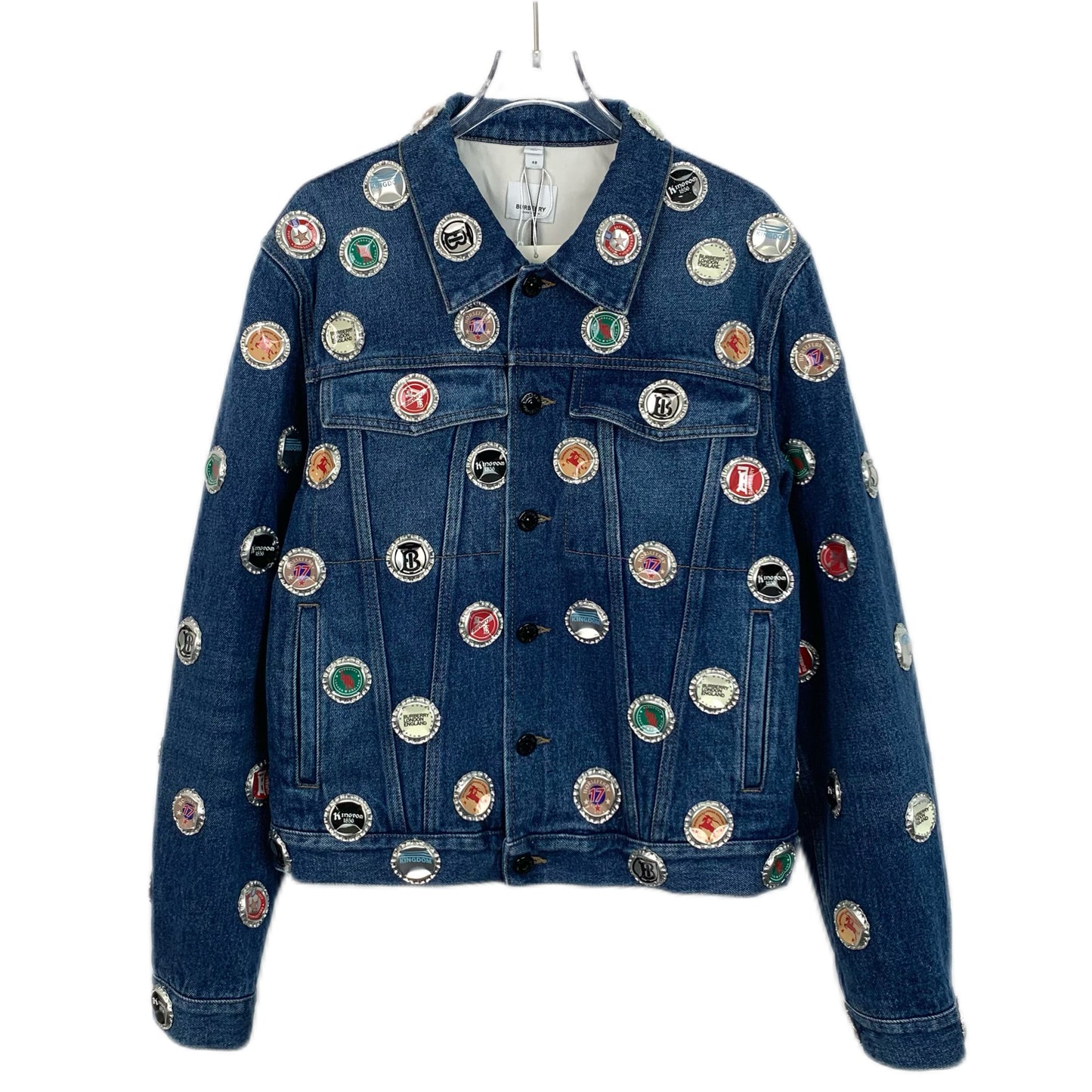 Burberry Blue Denim Jacket with Bottle Cap Embellishments and Collared Design