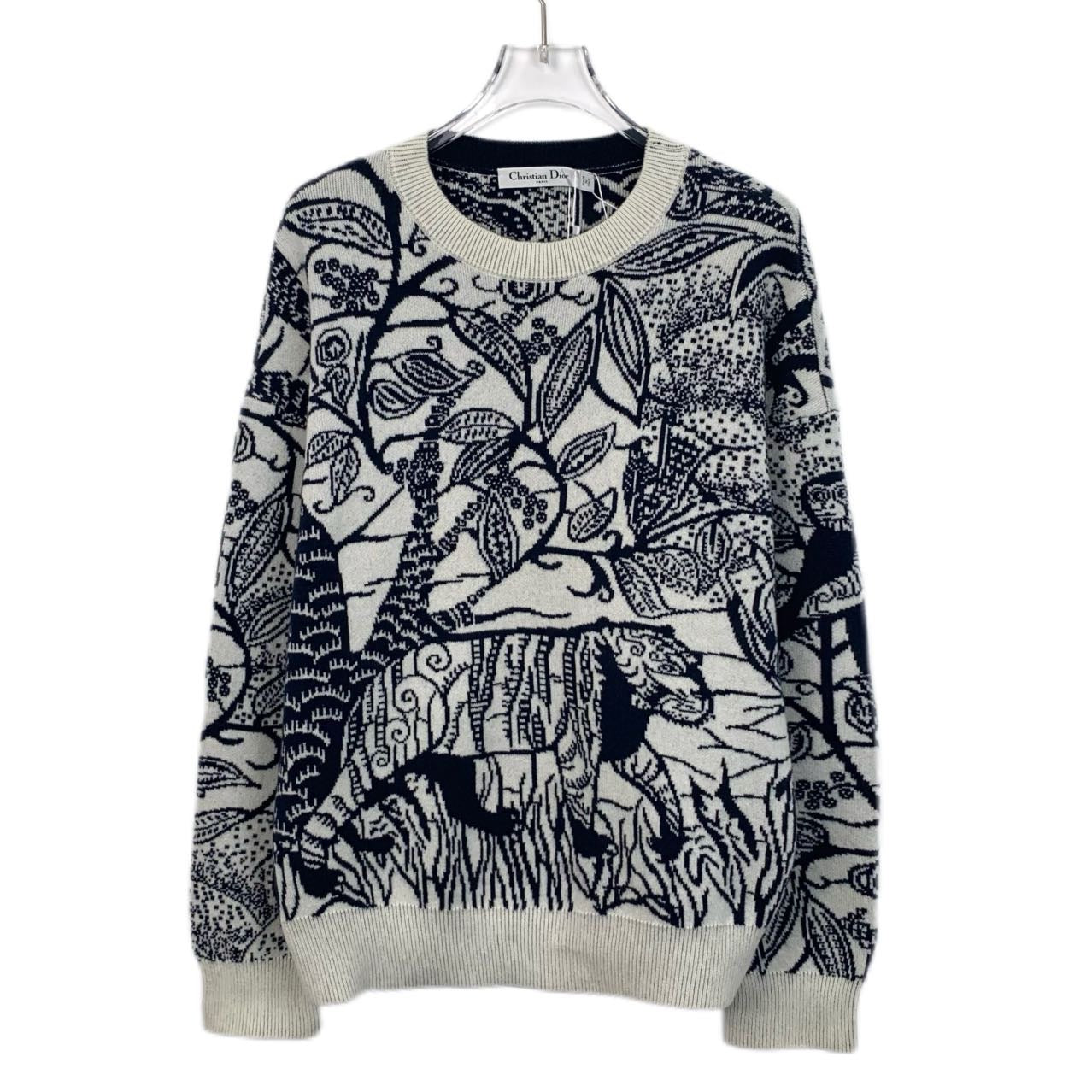 Christian Dior Colorblock Cashmere Knit Sweater with Embroidered Tiger Motif