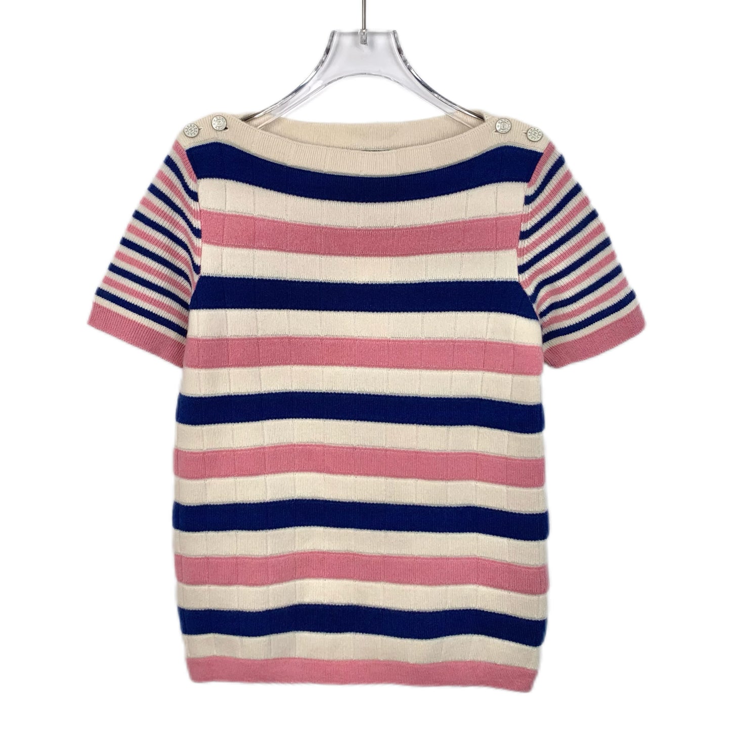 Chanel Colorblock Striped Cashmere Knit Short-Sleeve Top