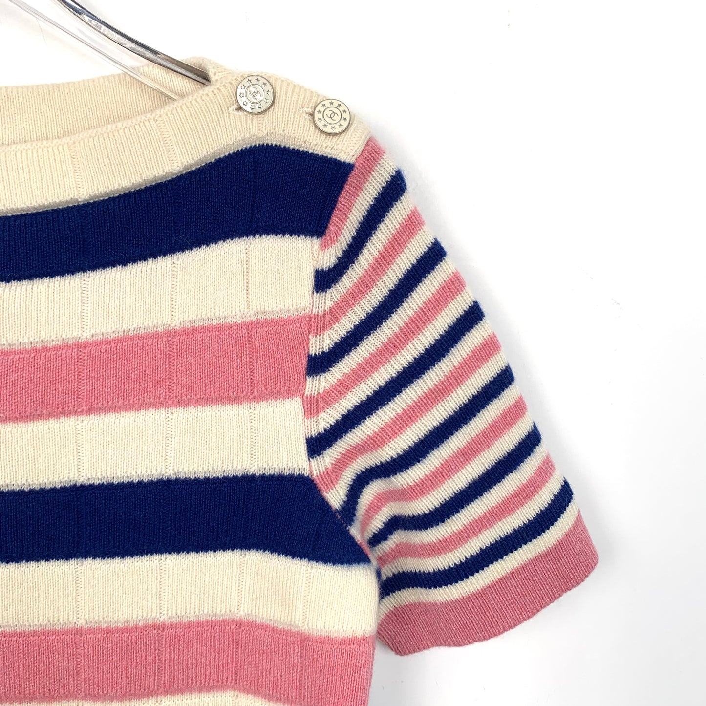 Chanel Colorblock Striped Cashmere Knit Short-Sleeve Top