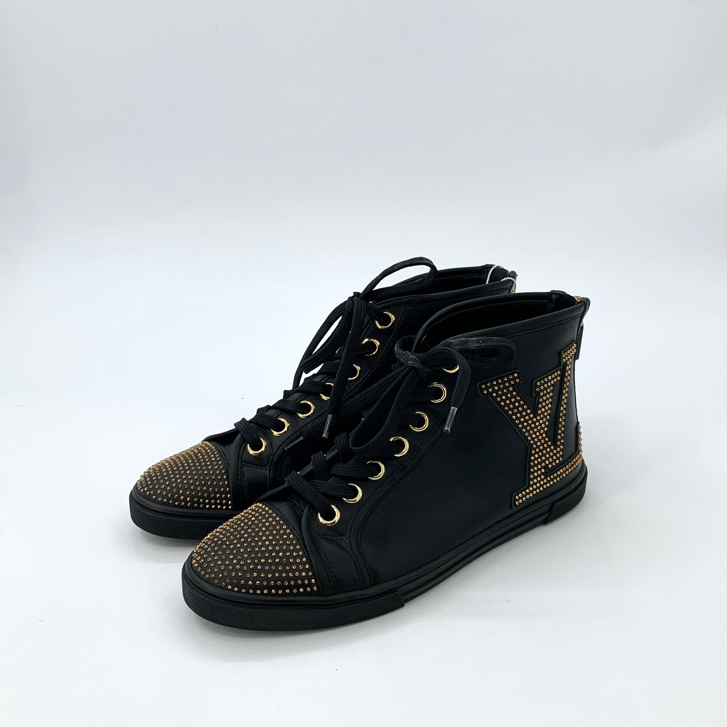 Louis Vuitton Black High-Top Lace-Up Sneakers with Metal Stud Detailing