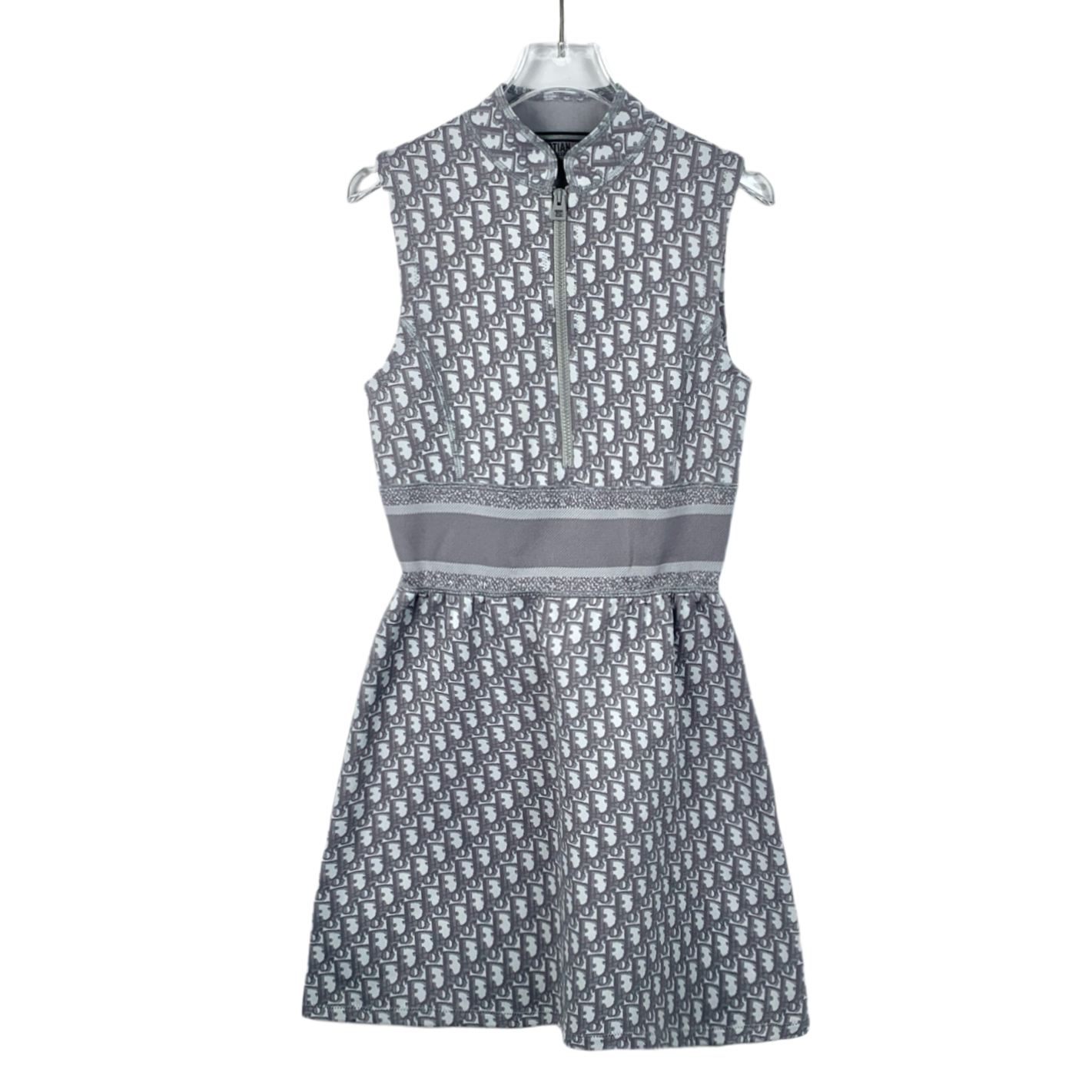 Christian Dior Gray Monogram Print Half-Zip A-Line Sleeveless Dress