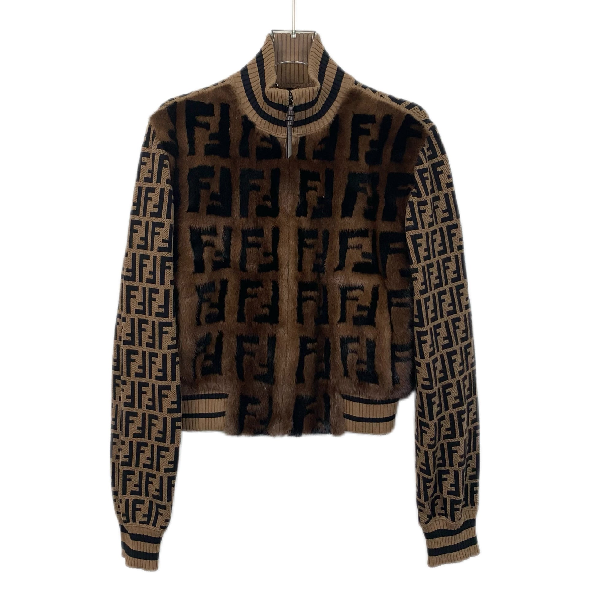 Fendi 2022 Brown Monogram Print Fur Jacket with Zipper