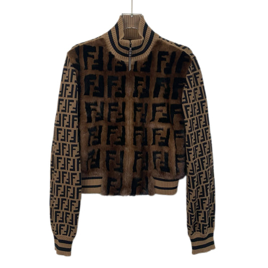 Fendi 2022 Brown Monogram Print Fur Jacket with Zipper