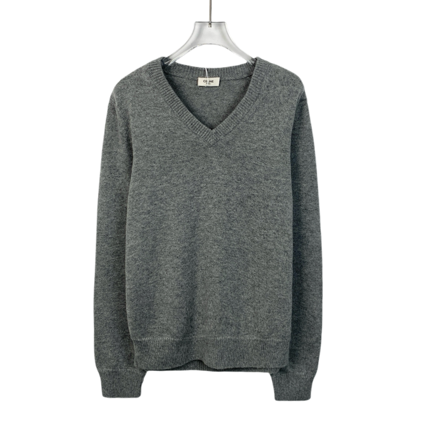 Celine Gray V-Neck Cashmere Long-Sleeve Knit Sweater