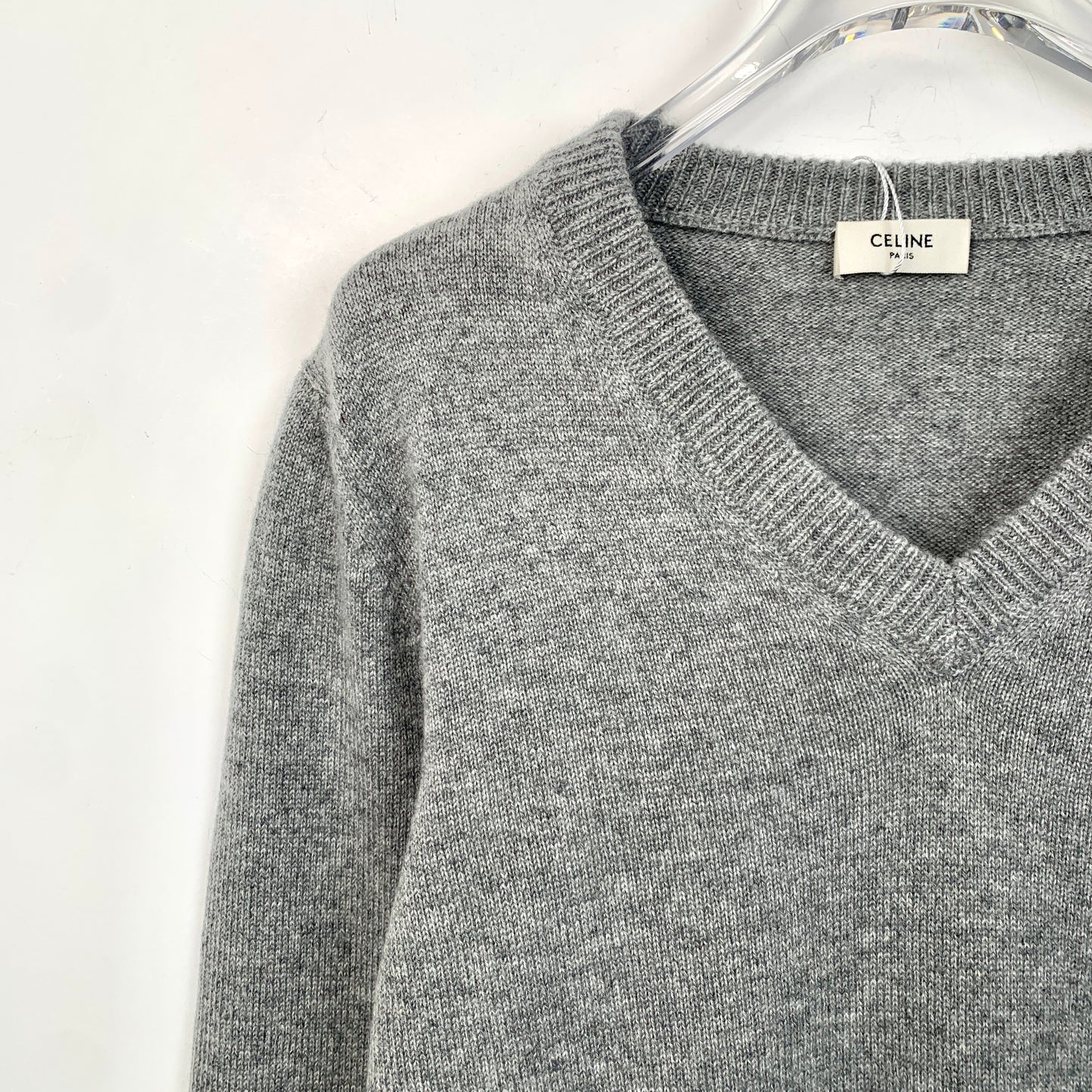 Celine Gray V-Neck Cashmere Long-Sleeve Knit Sweater