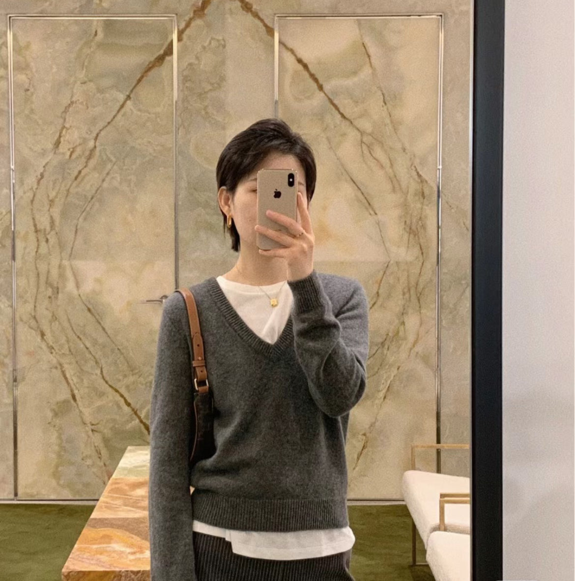 Celine Gray V-Neck Cashmere Long-Sleeve Knit Sweater