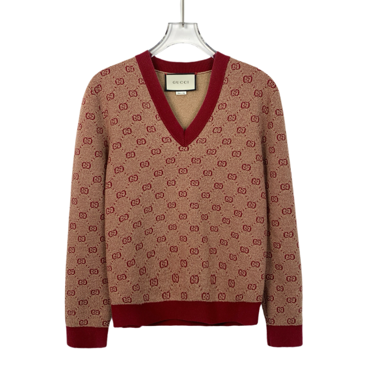 Gucci Red Wool V-Neck Long-Sleeve Knit Sweater with Jacquard Monogram