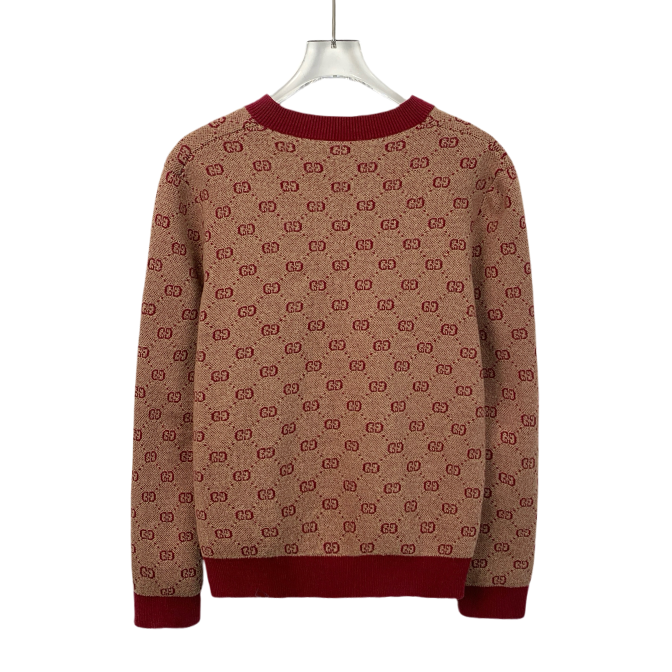 Gucci Red Wool V-Neck Long-Sleeve Knit Sweater with Jacquard Monogram