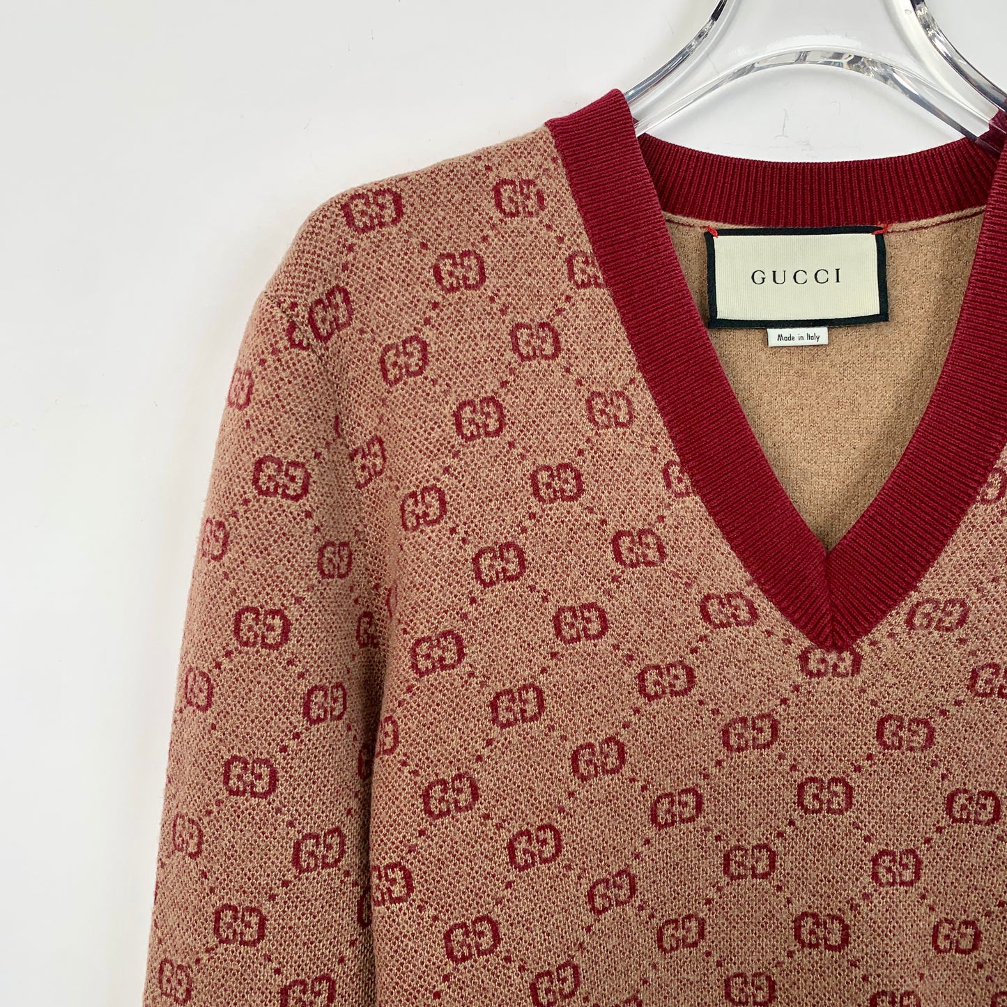 Gucci Red Wool V-Neck Long-Sleeve Knit Sweater with Jacquard Monogram