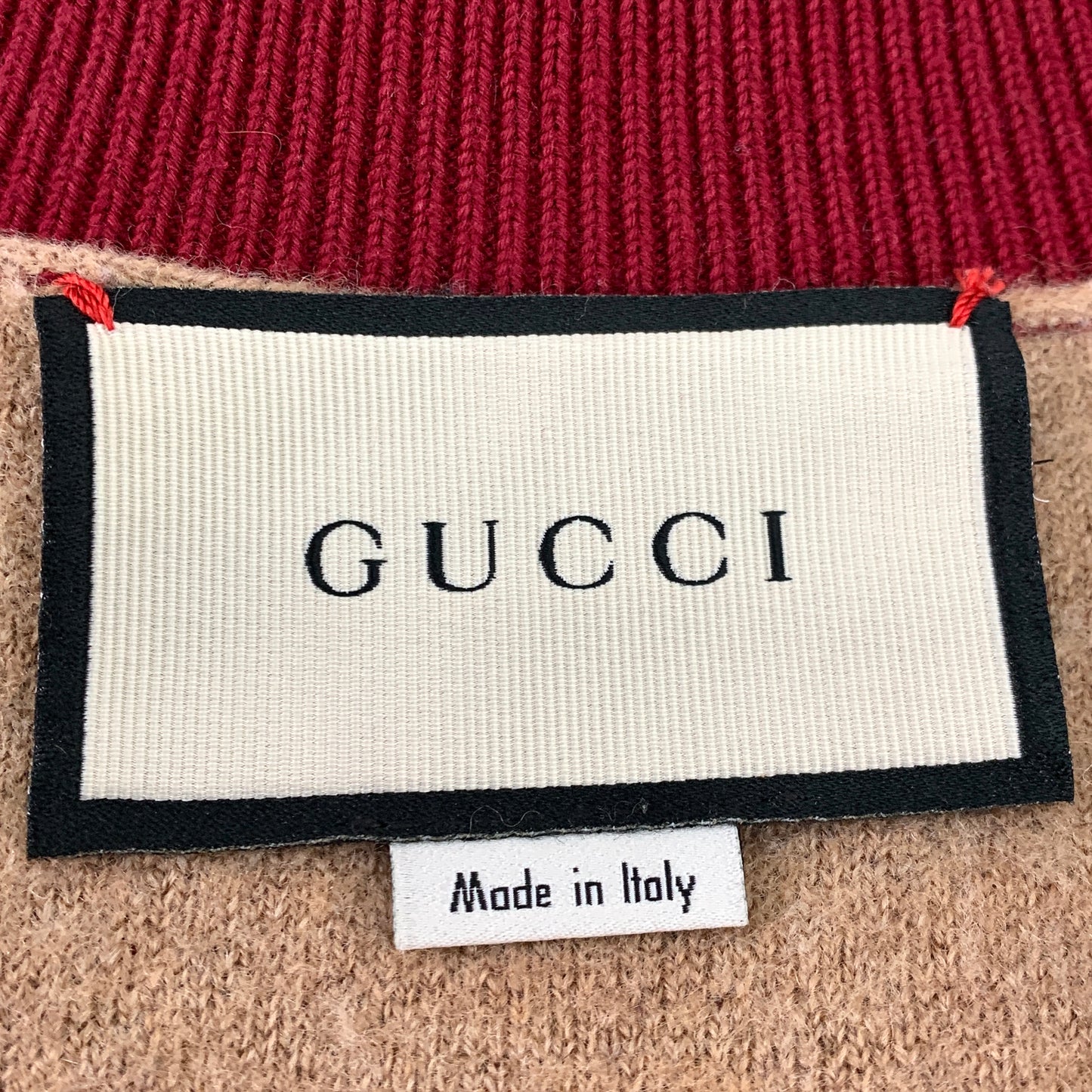 Gucci Red Wool V-Neck Long-Sleeve Knit Sweater with Jacquard Monogram