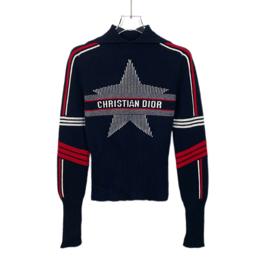 Christian Dior Deep Blue Wool Knit Sweater with Striped Jacquard Logo and Collared Design