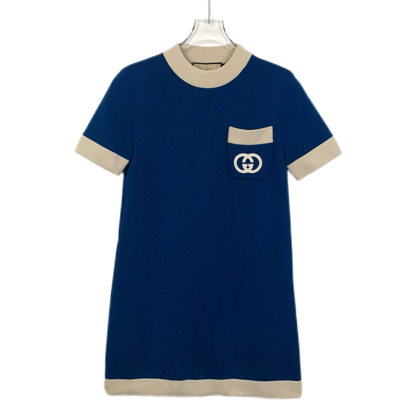 Gucci Blue Wool Short-Sleeve Dress with Double-G Pattern and Crewneck Design