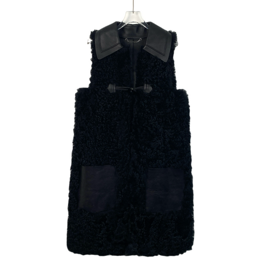 Fendi Black Shearling Vest with Lapel Collar