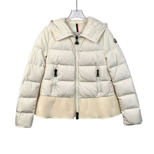 Moncler Nesea Series Off-White Hooded Down Jacket with Logo Patch and Ruffle Details