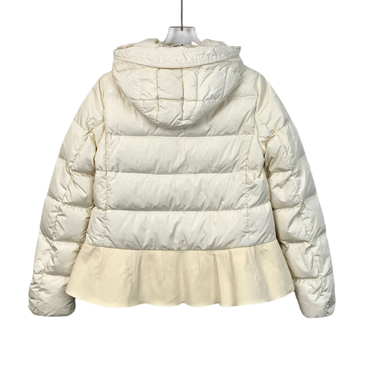 Moncler Nesea Series Off-White Hooded Down Jacket with Logo Patch and Ruffle Details