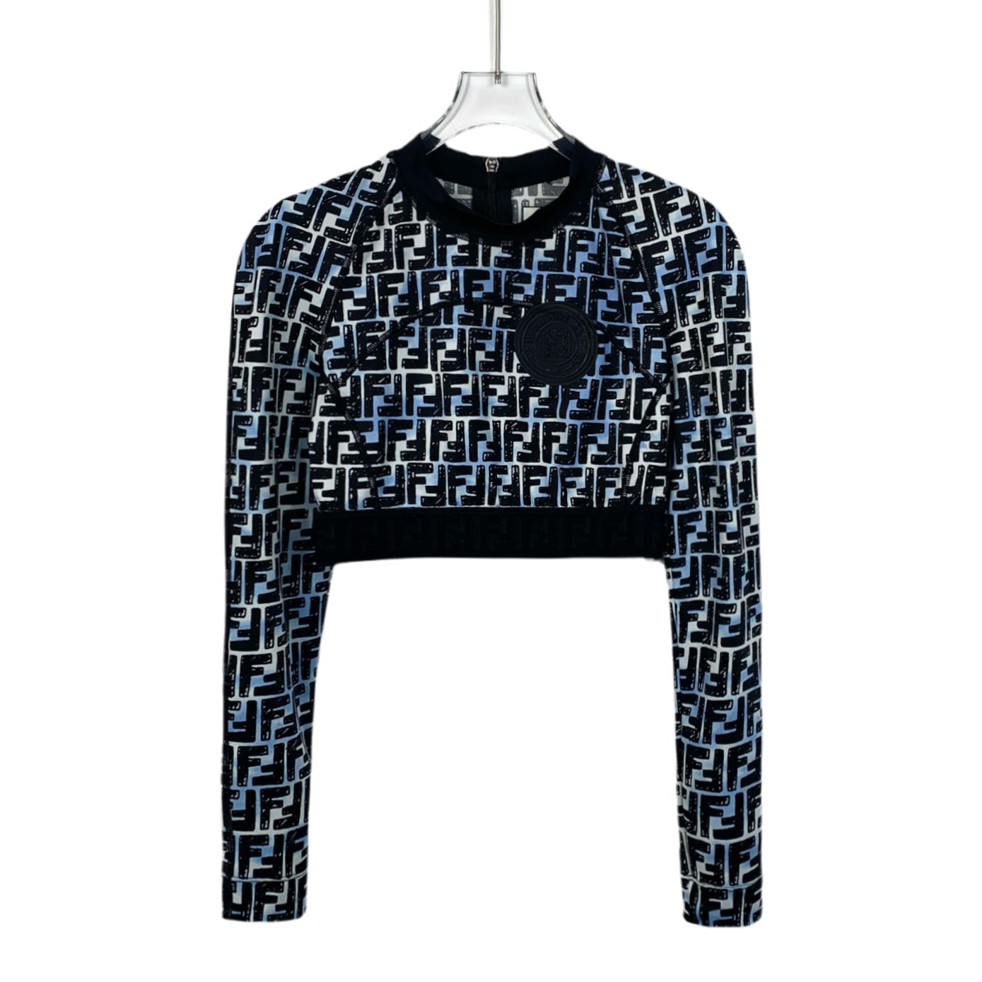 Fendi Colorblock Monogram Print Cropped Long-Sleeve Crewneck T-Shirt