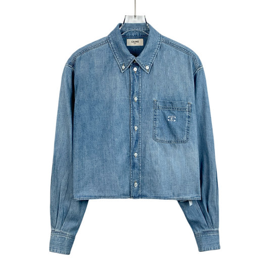 Celine Blue Cotton Long-Sleeve Denim Shirt with Triomphe Embroidery and Collared Design