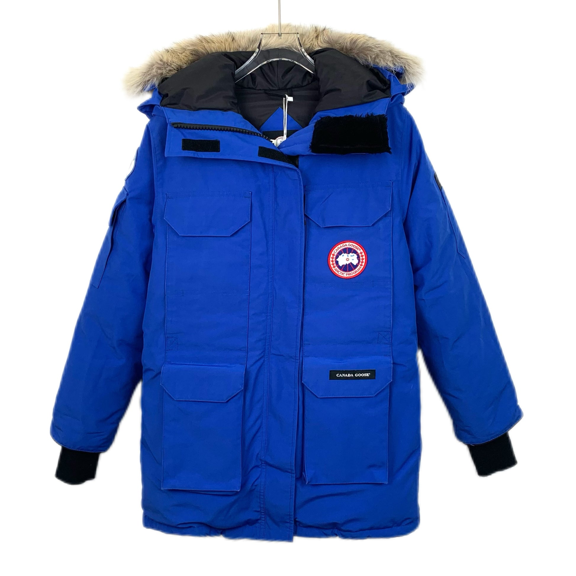 Canada Goose Blue Hooded Down Jacket with Fur Trim and Logo Patch