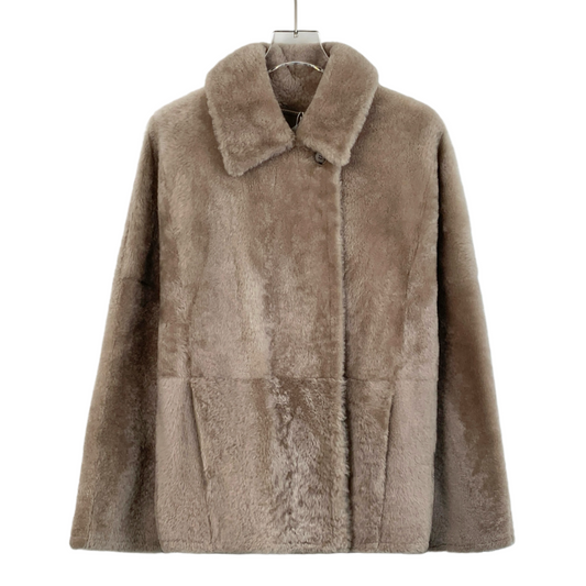 MaxMara Taupe Shearling Coat with Lapel Collar