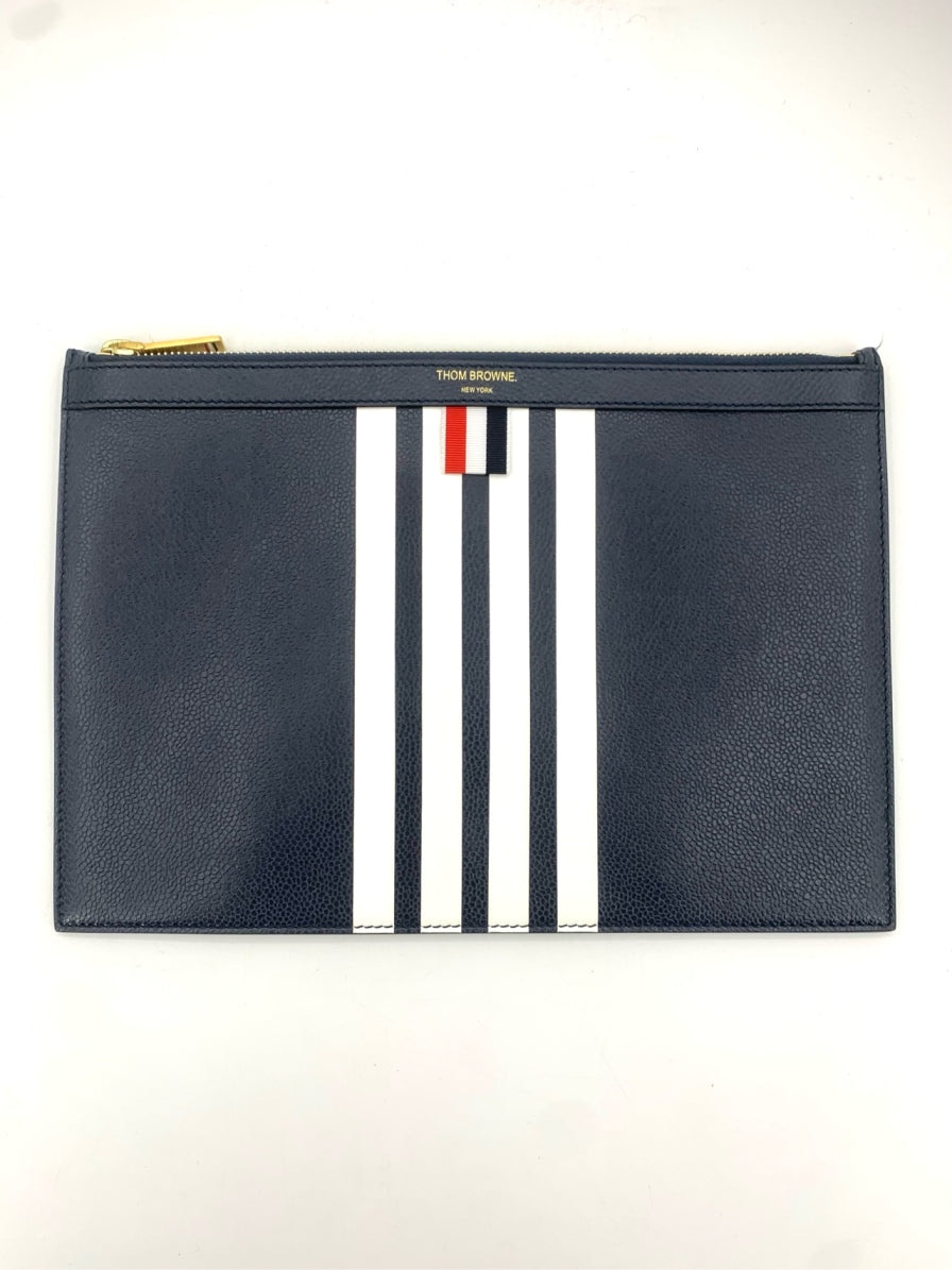 Thom Browne Classic Four-Bar Leather Zippered Clutch